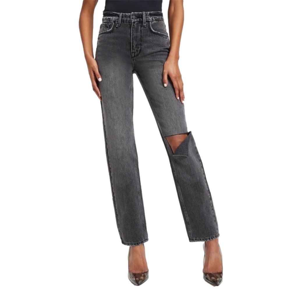 Good American Straight Leg Gray Jeans with Knee Cutout